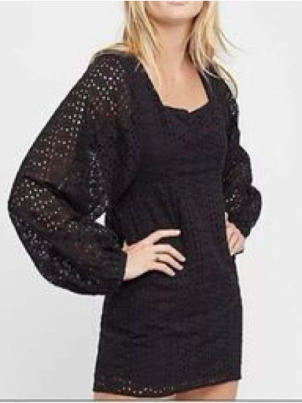 Free People Black Eyelet Embroidered Long Sleeve Mini Dress Square Neck Size 2